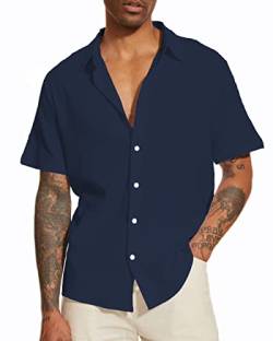 LUYANA Herren Baumwolle Slim Fit Freizeithemden Kurzarm Hemd Leinen Basic Shirt Marine XL von LUYANA