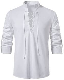 LUYANA Herren Casual Langarm Leinen Shirt Hippie V Ausschnitt Strand Hemd Weiß L von LUYANA