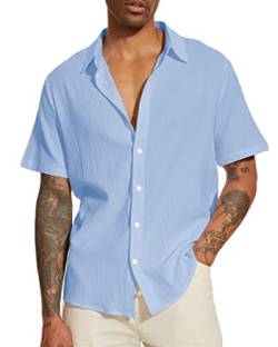 LUYANA Herren Hemd Leinenhemd aus Baumwollmischung Kariert Freizeit Sommer Kurzarmhemd Blau L von LUYANA