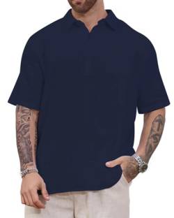 LUYANA Herren Leinen Hemd Kurzarmhemd Lose Fit Sommer Henley Shirts Modern Marine XL von LUYANA