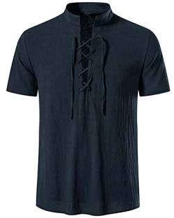 LUYANA Herren Leinen Hemd Kurzarmhemd Sommer Casual Henley Shirts Schnürhemd Marine XL von LUYANA