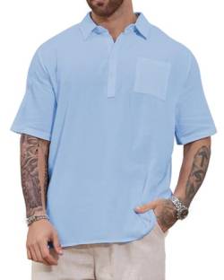 LUYANA Herren Leinenhemd Kurzarmshirt Freizeithemd Button up Klappkragen Hellblau M von LUYANA