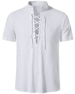 LUYANA Herren Leinenhemd Schnürhemden, einfarbige Hippie Oberteile Freizeithemden Weiß XL von LUYANA