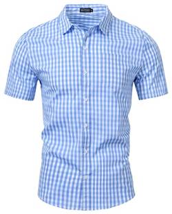 LUYANA Leichtes Sommerhemd Herren Kariert Freizeithemden Kurzarm Freizeit Karo Hemden Modern Fit Hellblau 3XL von LUYANA