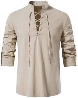 LUYANA Leinenhemd Herren Hemden Long Sleeve Henley Shirt Sommerhemd Freizeithemd Khaki 3XL von LUYANA