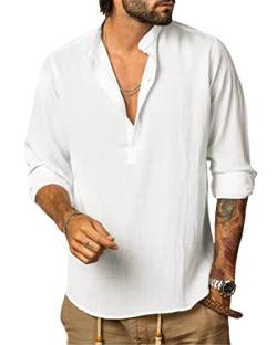 LUYANA Leinenhemd Herren Langarm Freizeithemd Basic Mens Shirt Weiß 2XL von LUYANA