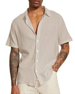 LUYANA Leinenhemd Herren Short Sleeve Button Down Shirt Freizeithemd Khaki 3XL von LUYANA