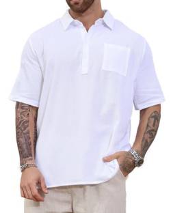 LUYANA Sommer Leinenhemd Herren Kurzarm Freizeit Männer Einfarbig Shirt Weiß 3XL von LUYANA