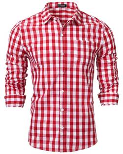 LUYANA Trachtenhemden für Herren Button-down Hemd Kariert Oktoberfest Baumwolle Freizeit Hemden Rot 2XL von LUYANA