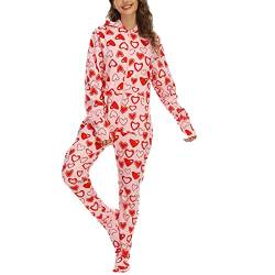 Einteiliger Schlafanzug Damen Herz Druck Langarm Fußende Onesie Schlafanzug mit Kapuze Schlafanzug (Rosa, Mittel) von LVBJ