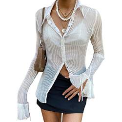 Frauen Sexy See Through Button Down Shirt Y2K Flare Sleeve Solid Shirt Bluse E-Girl Vintage Strickjacke Streetwear (Weiß, Klein) von LVBJ
