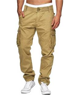 LVCBL Cargo Hose Herren Lange Regular Fit Freizeithose Baumwolle Einfarbig Arbeitshose Loose Casual Cargohose Khaki M von LVCBL