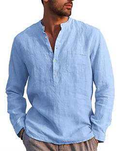 LVCBL Große Größe Freizeithemden Herren Leinen Button Up Shirt Stehkragenhemd Himmelblau 2XL von LVCBL
