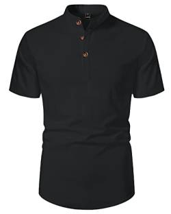 LVCBL Hemd Herren Kurzarm Hemd Herren Baumwolle Leinenhemd Regular Fit Freizeithemd Sommerhemd Schwarz 3XL von LVCBL