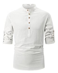 LVCBL Hemd Herren Langarm Henley Sommerhemd Herren Freizeithemd Leinenhemd Regular Fit Men Shirts Weiß XL von LVCBL