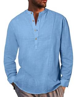 LVCBL Hemd Herren Langarm Leinenhemd mit Henley Männer Freizeithemd Sommer Casual Leicht Shirts Blau 3XL von LVCBL