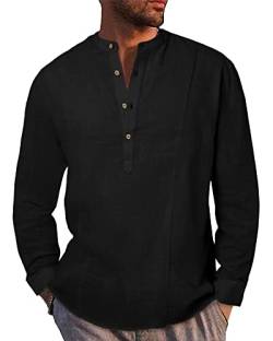 LVCBL Herren Baumwolle Leinenhemd Herren Langarm Button Down Shirt Sommerhemd Regular Fit Schwarz XL von LVCBL