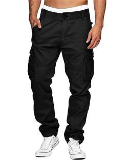 LVCBL Herren Cargohose Baumwolle Relaxed Fit Sporthose mit Multi-Taschen für Männer, Schwarz, 3XL von LVCBL