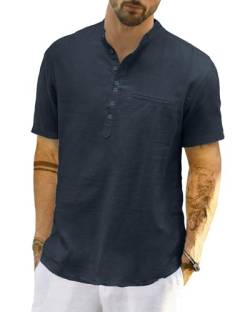 LVCBL Herren Casual Leinen Kurzarm Henley Hemd Sommer Leicht Banded Collar Strand Tops Marine L von LVCBL