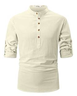 LVCBL Herren Hemd Langarm Baumwolle Leinenhemd Freizeithemd Button Down Shirt Beige 2XL von LVCBL