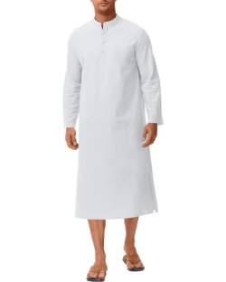 LVCBL Herren Kaftan V-Ausschnitt Baumwolle Leinen Robe Seite Split Langarm Herren Thobe mit Taschen Weiß 3XL von LVCBL