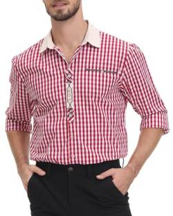 LVCBL Herren Karriert Trachtenhemden Regular Fit Langarm Männer Freizeithemden Karohemden Plaid Oberteil Oktoberfest Rot M von LVCBL