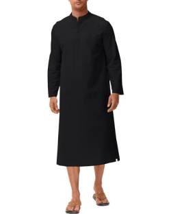 LVCBL Herren Leinen Kaftan Langarm V-Ausschnitt Langarm Kaftan Herren Lang Knopf Hoch Thobe Herren Seite Split Schwarz M von LVCBL