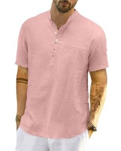 LVCBL Herren Leinen Kurzarm Henley Shirt Sommer Casual Leicht Band Kragen Strand Tops Rosa M von LVCBL