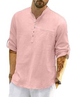 LVCBL Herren Leinen Shirt Langarm Slim Fit Sommer Casual Shirts Rosa 2XL von LVCBL