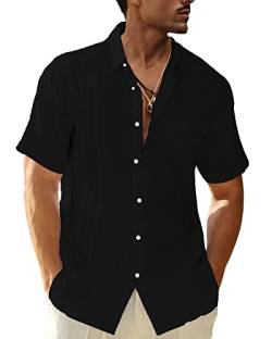 LVCBL Herren Leinenhemd Kurzarm Sommerhemd Männer Freizeithemd mit Brusttasche Regular Fit Männer Hemden, Schwarz , XL von LVCBL