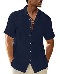 LVCBL Herren Leinenhemd Kurzarm Sommerhemd Männer Freizeithemd mit Brusttasche Regular Fit Männer Hemden, navy, 3XL von LVCBL