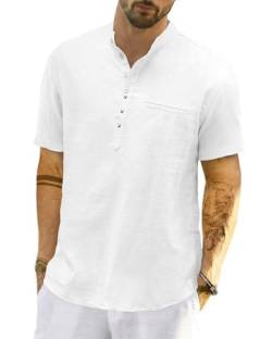 LVCBL Herren Leinenhemd Kurzarm Sommerhemd Regular Fit Freizeithemd Weiß M von LVCBL