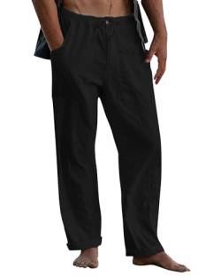 LVCBL Herren Leinenhose Elastische Taille Hose Lässige Kordelzug Hosen, Schwarz, Mittel von LVCBL