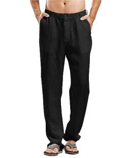 LVCBL Herren Leinenhose Leicht Sommerhose Strandhose Herren Hose Freizeithose Lang mit Taschen Schwarz M von LVCBL