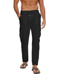 LVCBL Herren Sommer Leinenhose mit Taschen Elastische Taille Schwarz XL von LVCBL