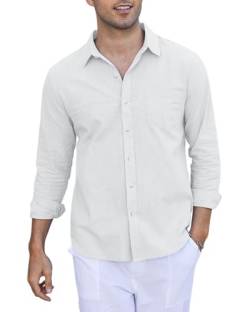 LVCBL Herren Sommerhemd Leinen Langarmhemd Casual Regular Fit Shirt Weiß 2XL von LVCBL