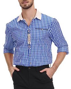 LVCBL Herren Trachtenhemd Slim Fit Kariertes Hemd Langarm mit Bestickt Oktoberfest Trachten Hemd für Männer Blau L von LVCBL