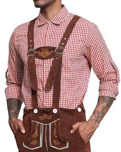 LVCBL Herren Trachtenhemd Slim Fit Kariertes Hemd Langarm mit Bestickt Oktoberfest Trachten Hemd für Männer Rot XL von LVCBL