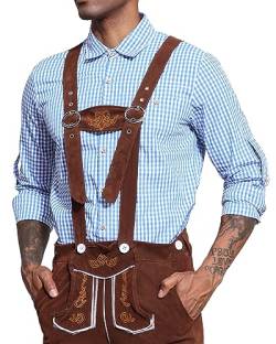 LVCBL Herren Trachtenhemd kariert Hemd Langarm Oktoberfest Cargohemd Regular Fit Männer Freizeithemden Karohemd Oberteil Shirt Hellblau L von LVCBL