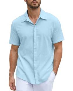 LVCBL Kurzarmhemd Herren Leinenhemd Einfarbig Sommer Strandhemd Hellblau 3XL von LVCBL