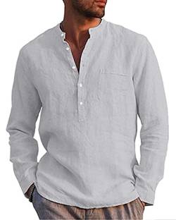 LVCBL Large Size Casual Shirts Herren Leinen Button Up Shirt Stand Kragen Shirt Hellgrau 2XL von LVCBL
