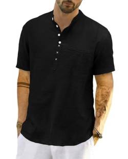 LVCBL Leinenhemd Herren Hemd Kurzarm Henley Sommerhemd Regular Fit Freizeithemd Casual mit Taschen Schwarz M von LVCBL