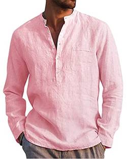 LVCBL Leinenhemd Herren Regular Fit Langarm Hemd Herren Henley Freizeithemden Rosa XL von LVCBL