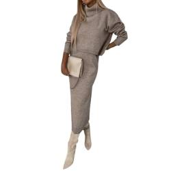 Damen Strickkleid Zweiteiliger Anzug Rollkragen, Set aus Minikleid und Rollkragenpullover, Elastische Bodycon 2 Stück Set Herbst Winter (L,Khaki) von LVTFCO