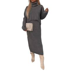 LVTFCO Damen Strickkleid Zweiteiliger Anzug Rollkragen, Set aus Minikleid und Rollkragenpullover, Elastische Bodycon 2 Stück Set Herbst Winter (XL,Gray) von LVTFCO