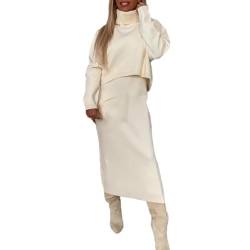 LVTFCO Damen Strickkleid Zweiteiliger Anzug Rollkragen, Set aus Minikleid und Rollkragenpullover, Elastische Bodycon 2 Stück Set Herbst Winter (XL,White) von LVTFCO