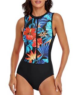 LVZIJUN Damen-Badeanzug mit hohem Kragen, ärmellos, Reißverschluss, UPF 50, Surf-Badeanzug, Floral, Medium von LVZIJUN