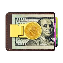 LWQLZY Herren-Geldbörse mit Geldklammer aus Leder mit eingelegten Messingmünzen, klassischer minimalistischer Stil, Kartenhalter für Bargeld und Karten, Dunkelbraun und Gold 01, Eine aufklappbare von LWQLZY