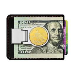 LWQLZY Herren-Geldbörse mit Geldklammer aus Leder mit eingelegten Messingmünzen, klassischer minimalistischer Stil, Kartenhalter für Bargeld und Karten, Schwarz und Silber 01, Eine aufklappbare von LWQLZY
