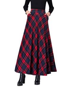 Damen Hohe Taille Lang Rock Winter Vintage Elastische Swing Glockenrock Faltenrock Elegant A-Linie Röcke (M,Rot 1) von LWZDREAM